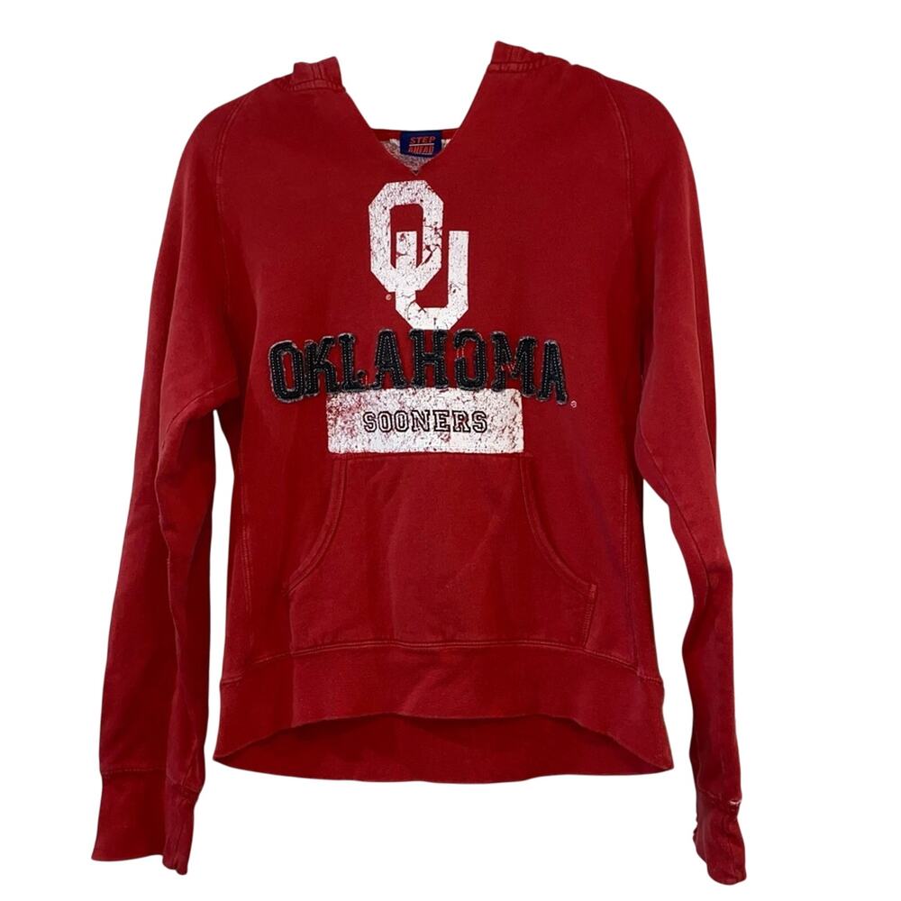 Step Ahead Crimson OU Distressed V Neck Hoodie